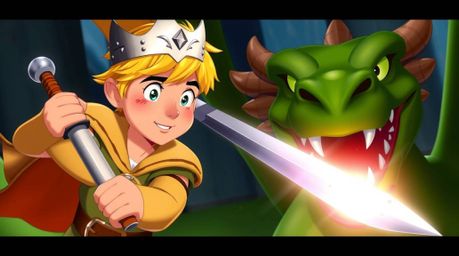 A charming prince, reminiscent of classic 1950s animation, engages in a dramatic sword fight against a fearsome green dragon.