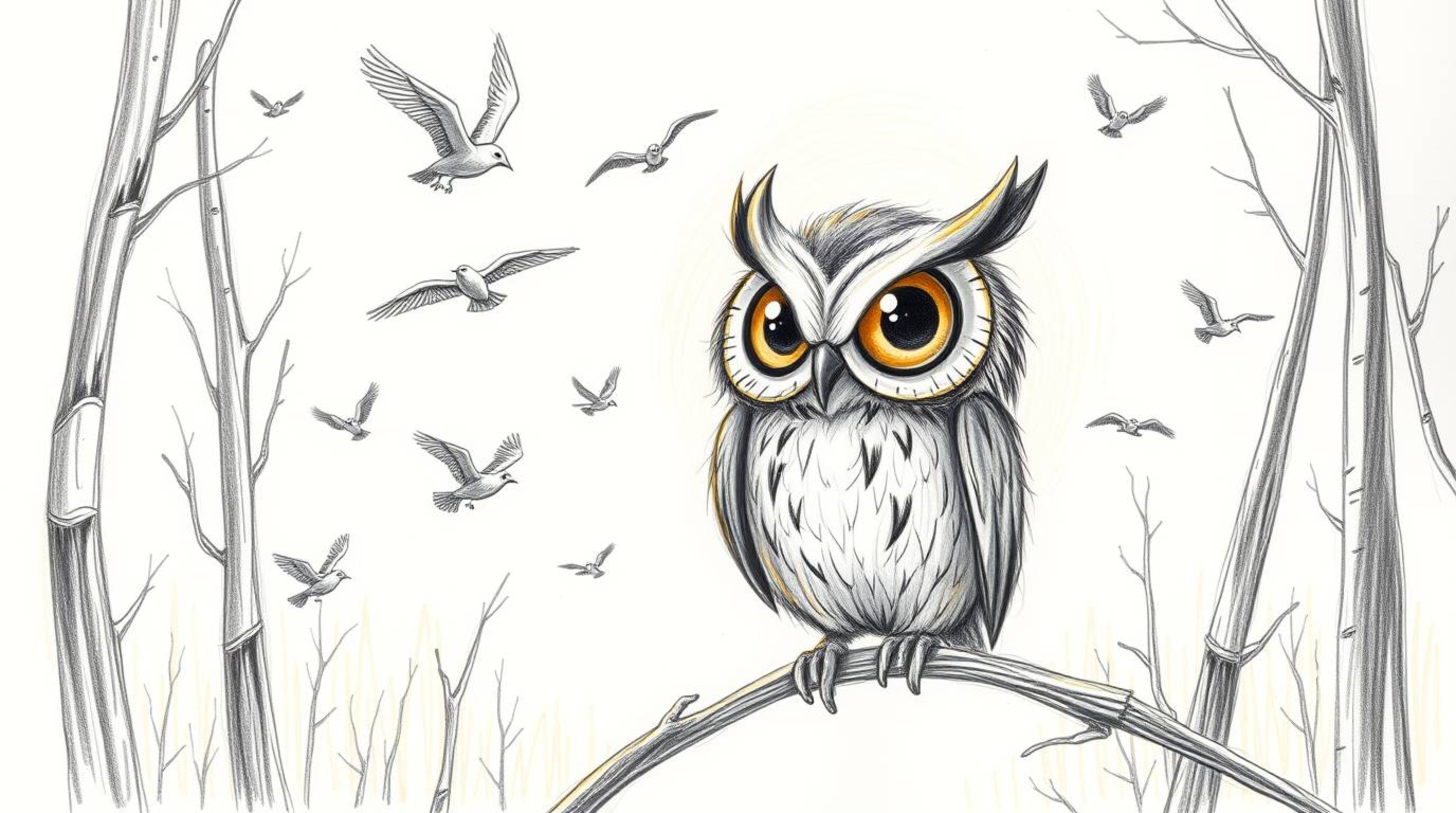 A captivating Pixar-esque hand-drawn sketch depicts a blind owl with expressive eyes, gently guiding a flock of birds in flig