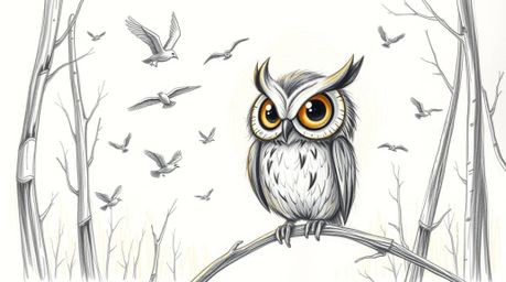 A captivating Pixar-esque hand-drawn sketch depicts a blind owl with expressive eyes, gently guiding a flock of birds in flig