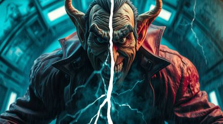 A dramatic scene unfolds in a high-tech lair, showcasing a villain with exaggerated features experiencing an emotional breakd