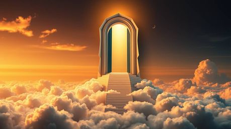 A captivating high-contrast image blends fantasy realism with intricate origami style.  A heavenly gate, crafted with geometr