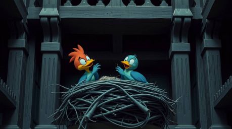 This captivating architectural photography showcases two cartoon birds meticulously building a nest, rendered in a classic an