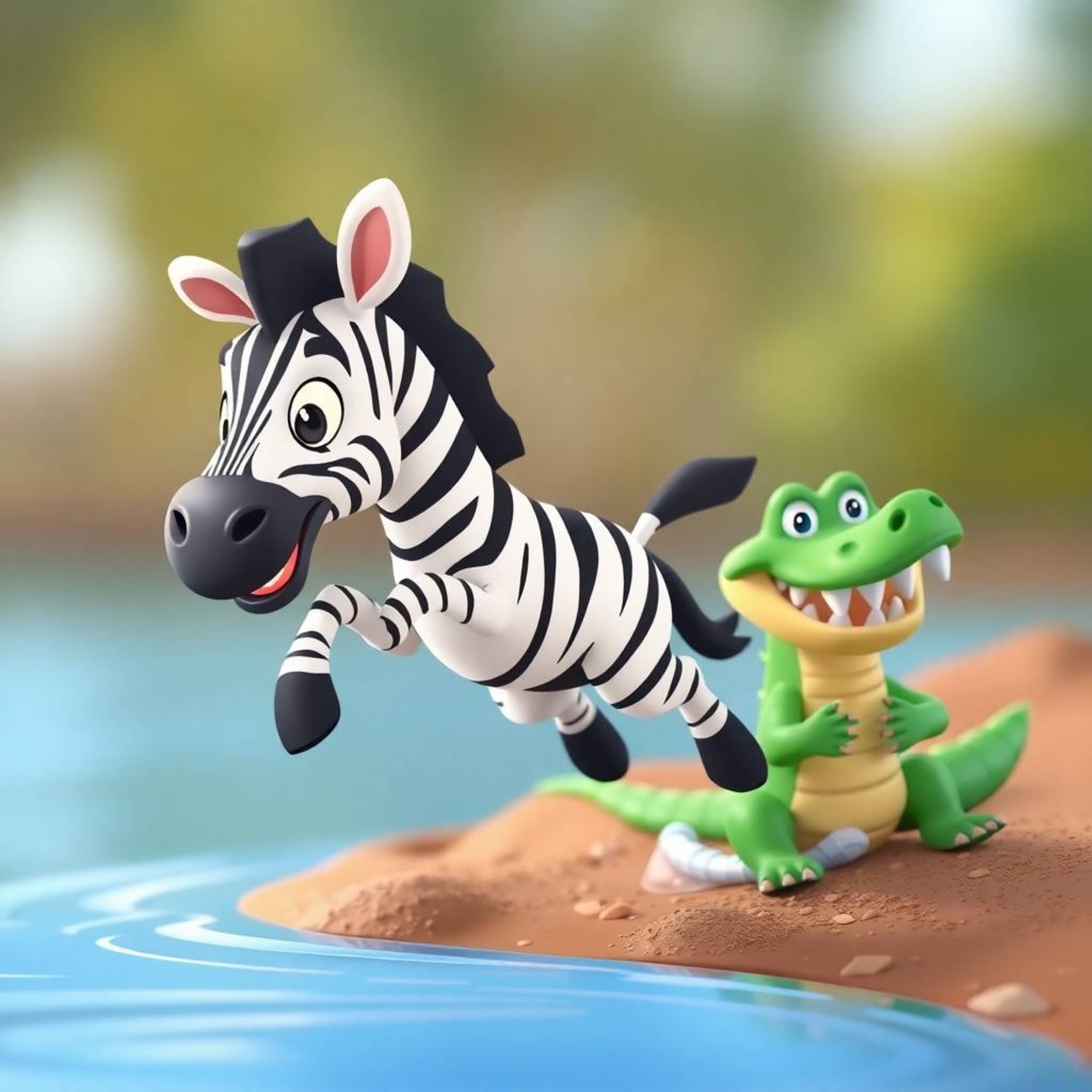 A vibrant and whimsical scene featuring a 3D cartoon zebra with expressive eyes and black and white stripes joyfully jumping 