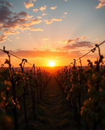 An extreme macro close-up captures a sunset over a vineyard in the enchanting style of Isekai anime. This artwork features an