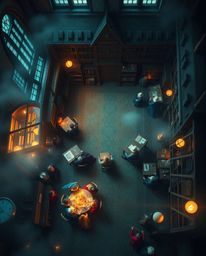 Experience a breathtaking overhead bird's-eye view of a magical school teeming with young wizards. This top-down perspective