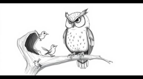 A heartwarming hand-drawn sketch in the style of Pixar depicts a blind owl with soft feathers and expressive eyes, perched on