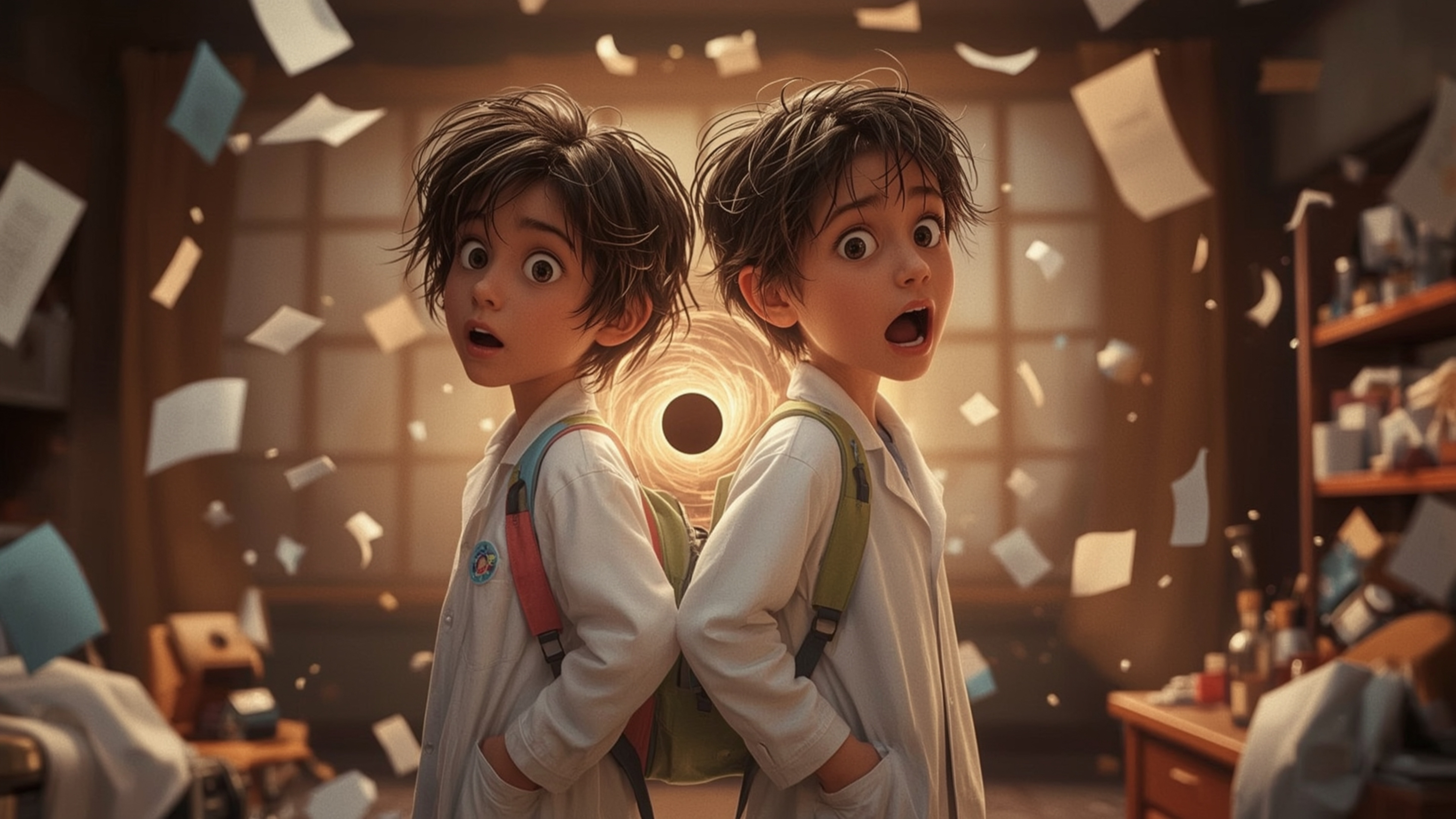 In a vibrant, cinematic photograph rendered in a hyper-realistic, Pixar-inspired style, a dynamic science fair duo unwittingl