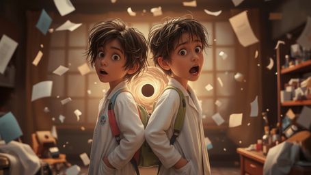 In a vibrant, cinematic photograph rendered in a hyper-realistic, Pixar-inspired style, a dynamic science fair duo unwittingl