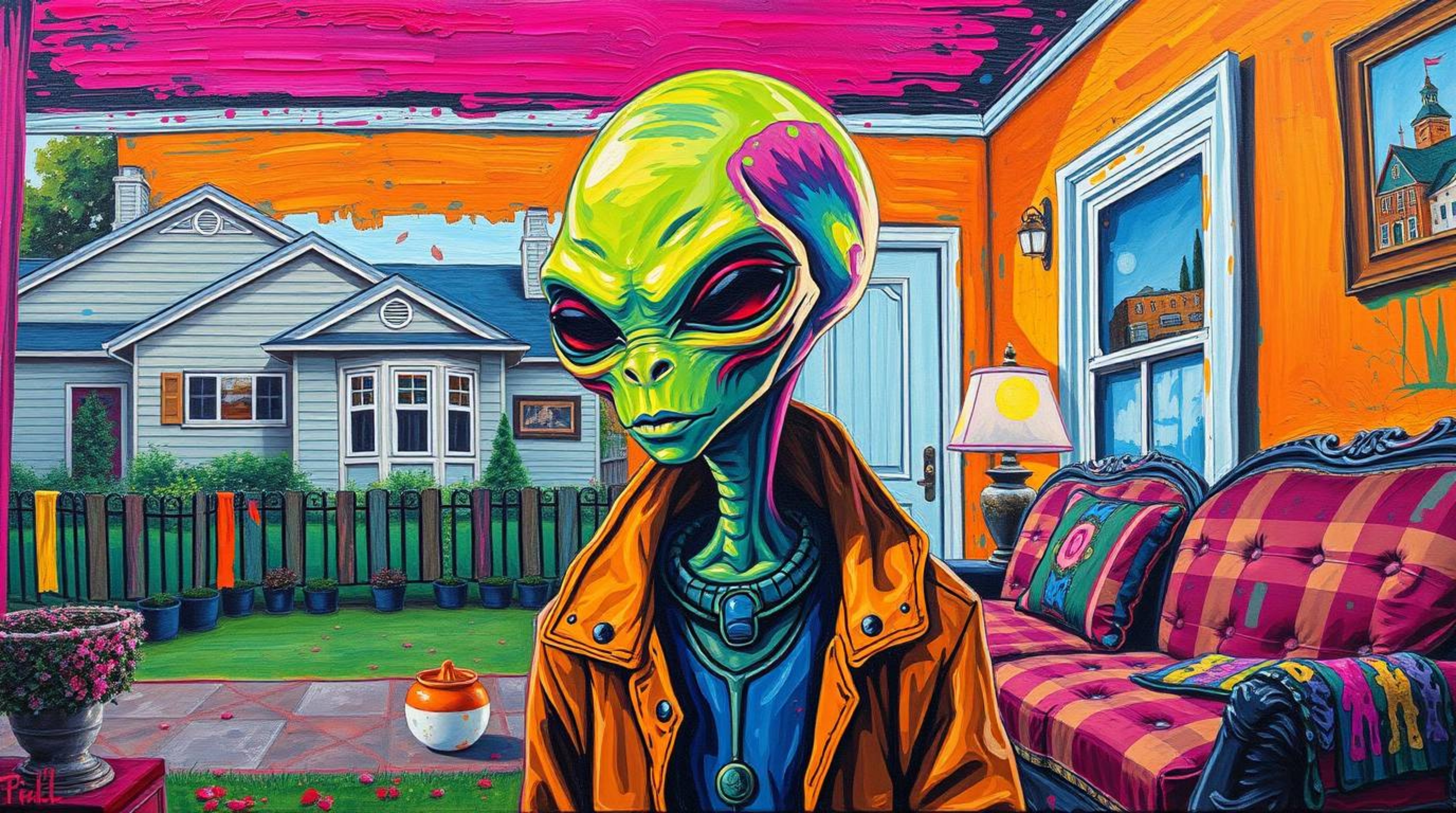 Explore a bold acrylic painting depicting an alien residing in a suburban house. This artwork features vibrant colors and tex