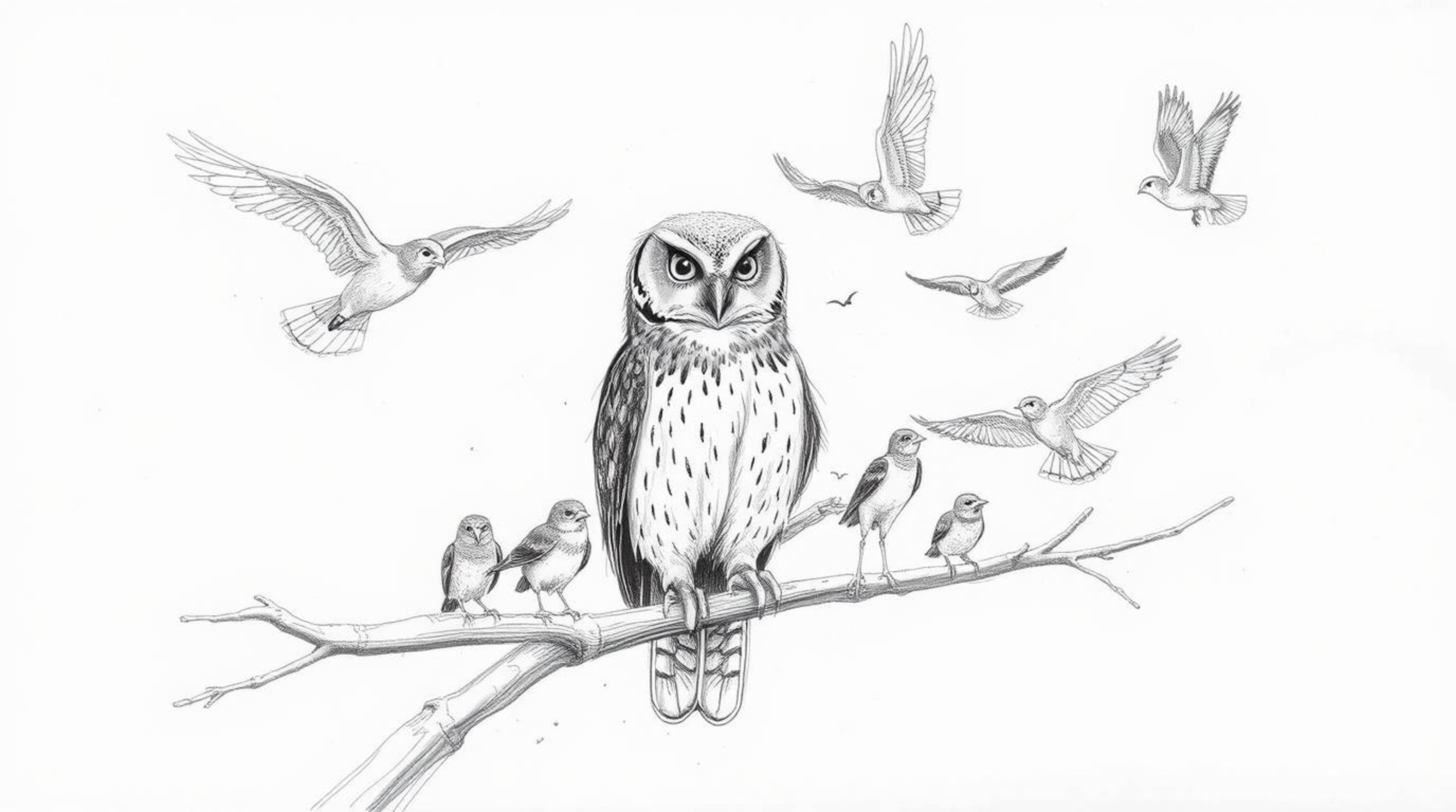 A captivating hand-drawn pencil sketch depicts a blind owl, with distinctive markings, perched on a branch within a cinematic