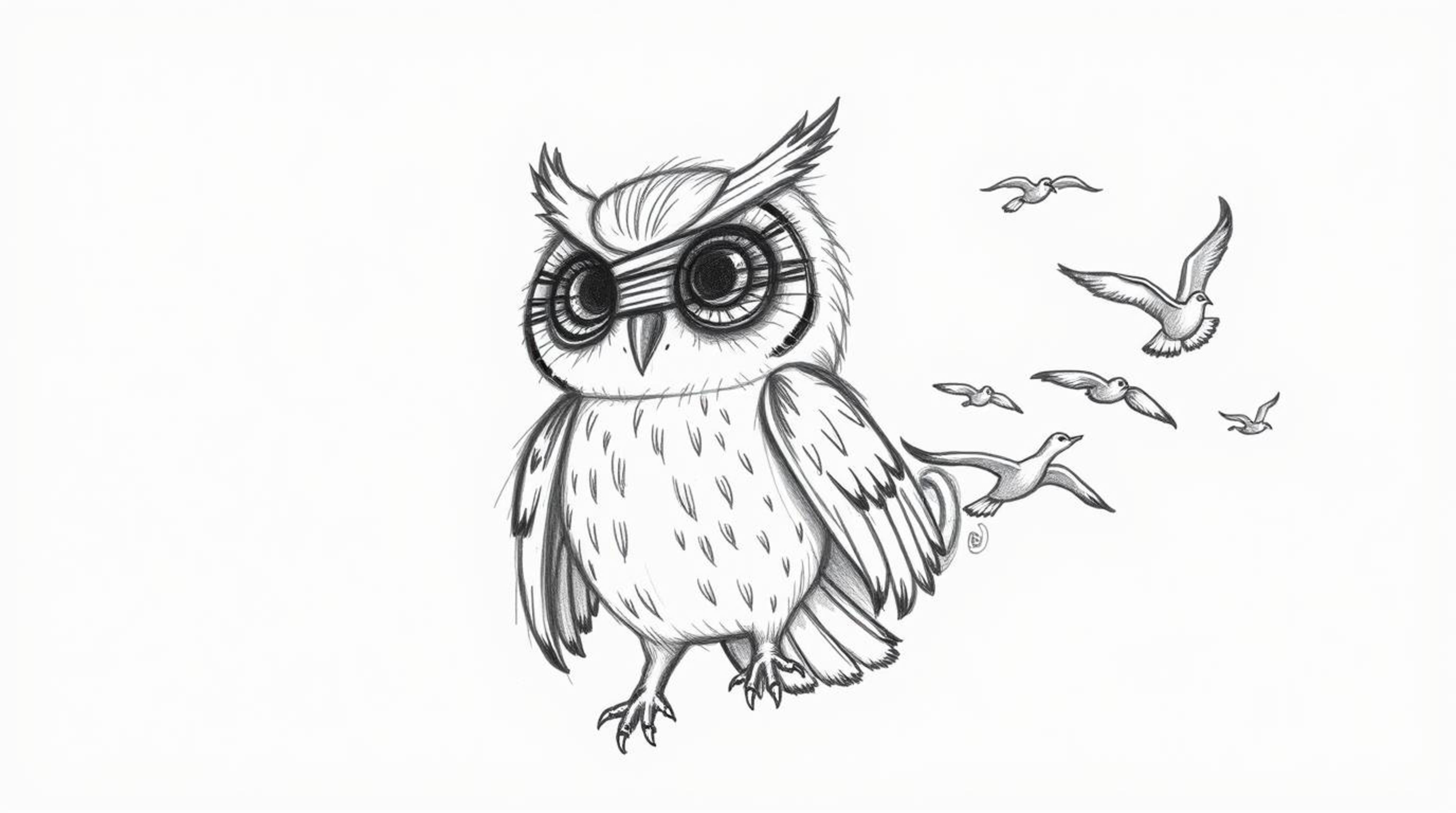 A hand-drawn sketch depicting a blind owl rendered in a Pixar-like style, its expressive eyes conveying profound wisdom. Thi
