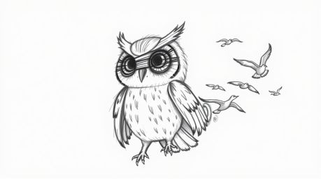 A hand-drawn sketch depicting a blind owl rendered in a Pixar-like style, its expressive eyes conveying profound wisdom.  Thi
