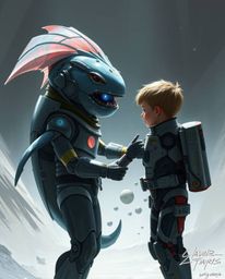 A captivating digital painting showcases an unlikely friendship between a futuristic sea creature and a child. The artwork f