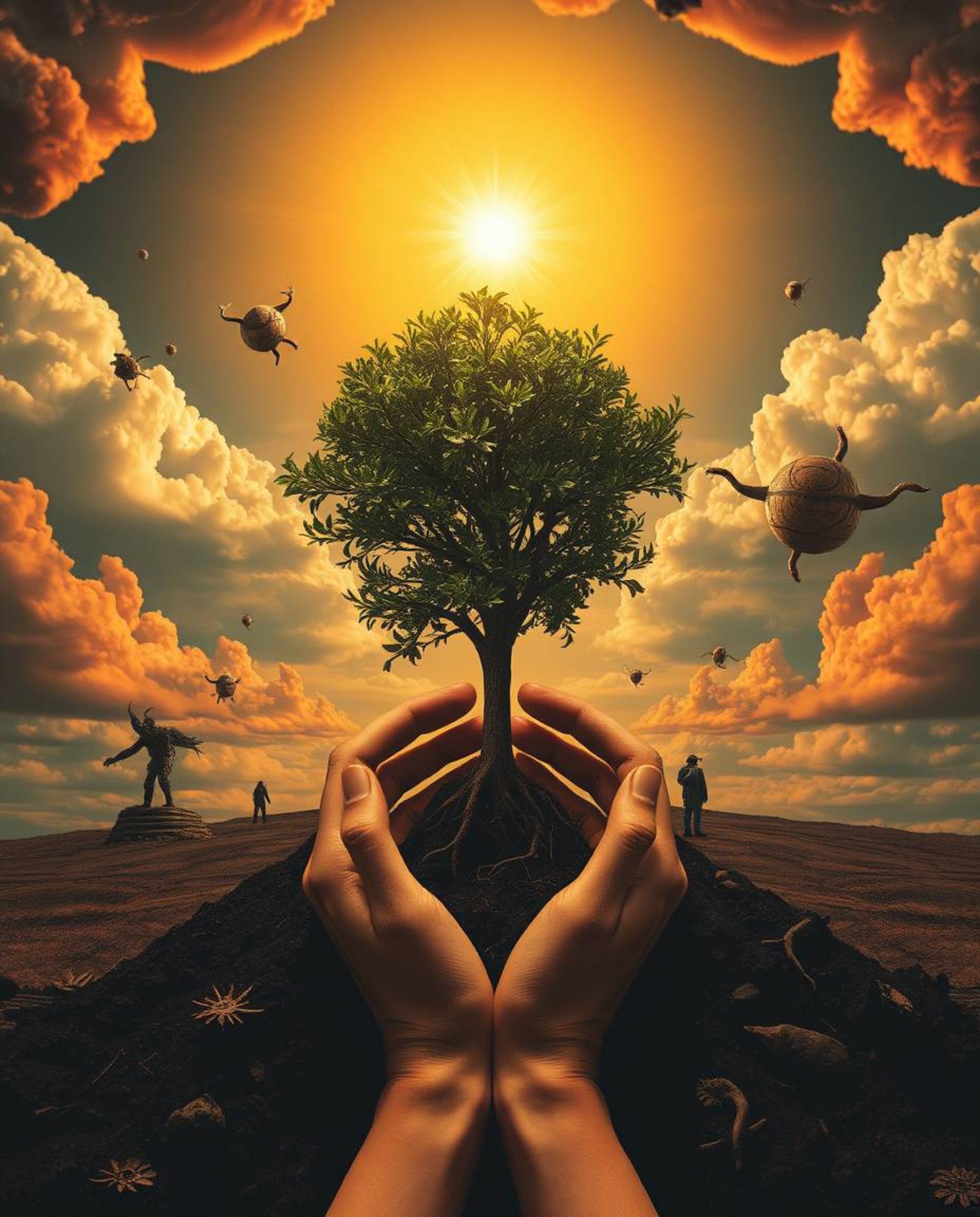 Explore a dreamlike surreal image, split into distinct sections showcasing hands planting a tree beneath a golden sky.  This 