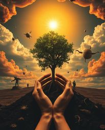 Explore a dreamlike surreal image, split into distinct sections showcasing hands planting a tree beneath a golden sky.  This 