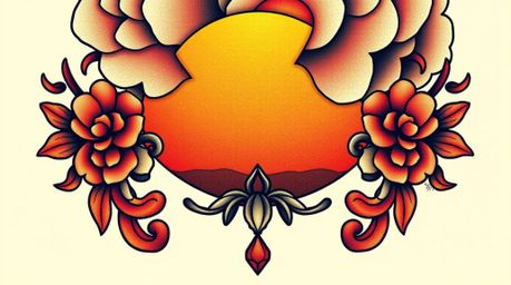 A stunning traditional tattoo art print showcasing an extreme macro close-up. The gradient texture evokes a vibrant sunset s