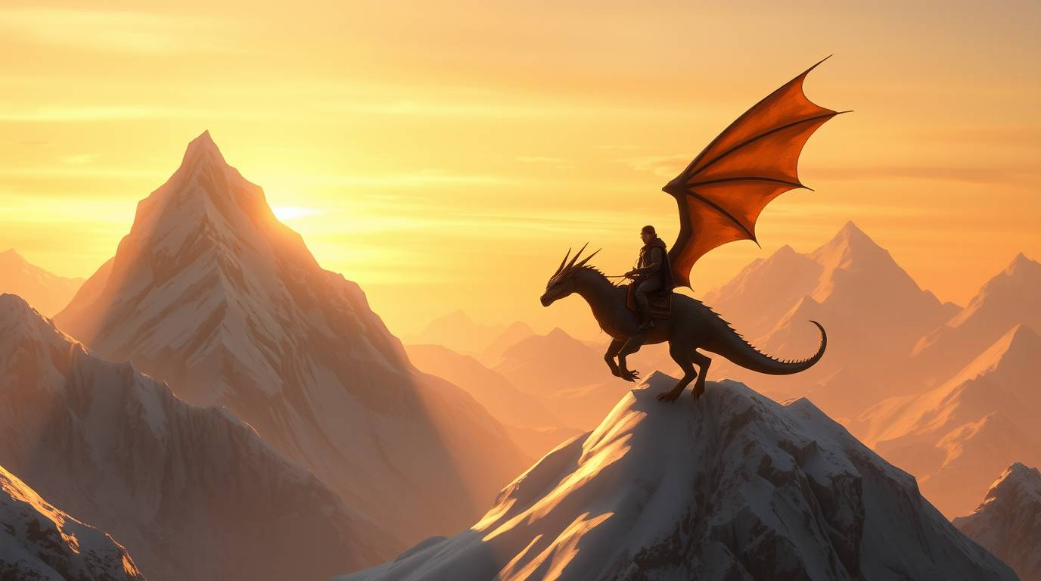 A breathtaking digital painting showcases a dragon and its rider soaring majestically above a range of icy mountains.  Bathed