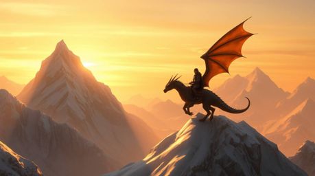 A breathtaking digital painting showcases a dragon and its rider soaring majestically above a range of icy mountains.  Bathed