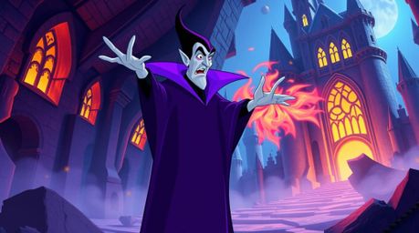 A classic Disney villain, adorned in dark purple robes and featuring sharp features, is depicted casting a vibrant spell with