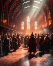 Immerse yourself in a grand, epic scene of a modern and futuristic magical school, teeming with young wizards bathed in warm,