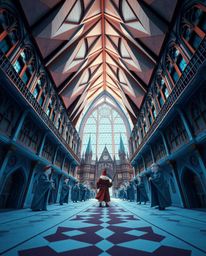 Immerse yourself in a stunning low-angle perspective of a magical school teeming with young wizards, brought to life in an in