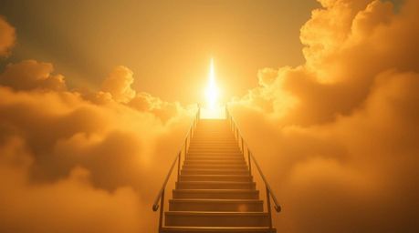 A surreal stairway suspended in mid-air, winding through thick smoky clouds towards a bright celestial light, evokes a sense 