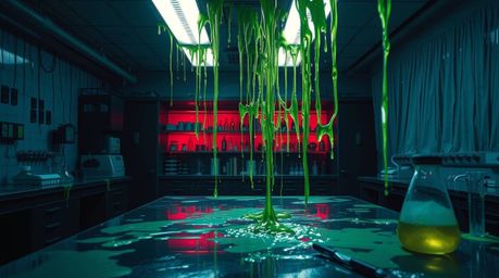 A slime-covered science lab bathed in dramatic, high-contrast lighting creates an atmosphere of tension and depth. This scene