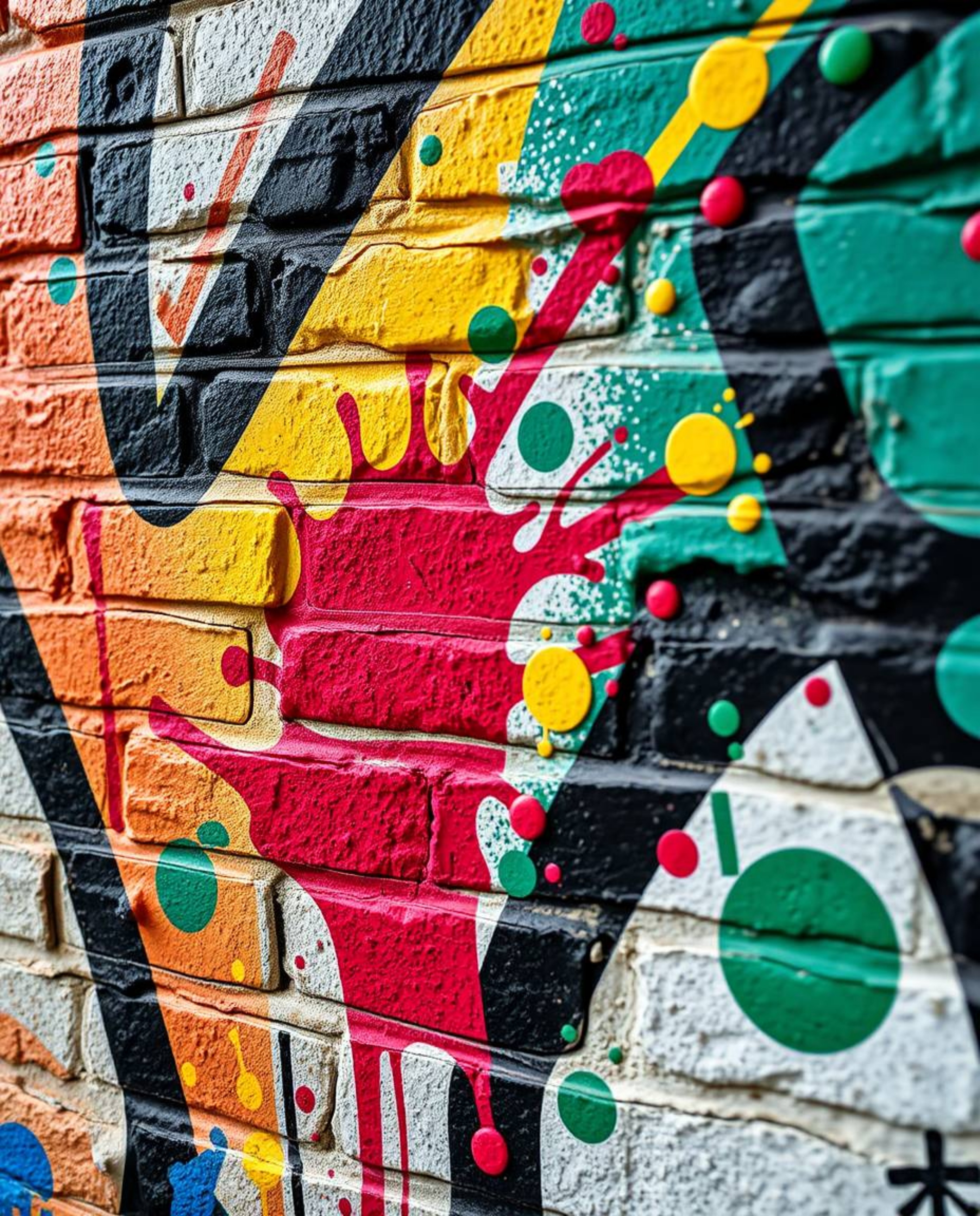 A captivating close-up showcases vibrant, graffiti-style splashes on a brick wall, reminiscent of Isekai anime.  The detailed