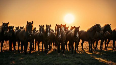 A breathtaking image captures a herd of wild horses dramatically bisected by intense light, creating striking contrasts of li