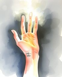 A delicate watercolor painting captures a graceful hand reaching towards light from darkness, utilizing translucent washes an