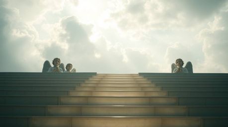 Experience a dreamlike scene where steps of light ascend into a cloudy sky, bathed in gentle, soft illumination. Angelic figu