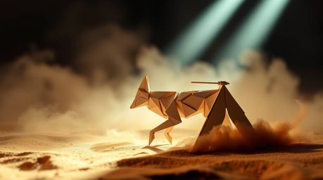 Witness an intricate origami-style coyote meticulously setting a ridiculous trap in the heart of the desert. The scene is dra