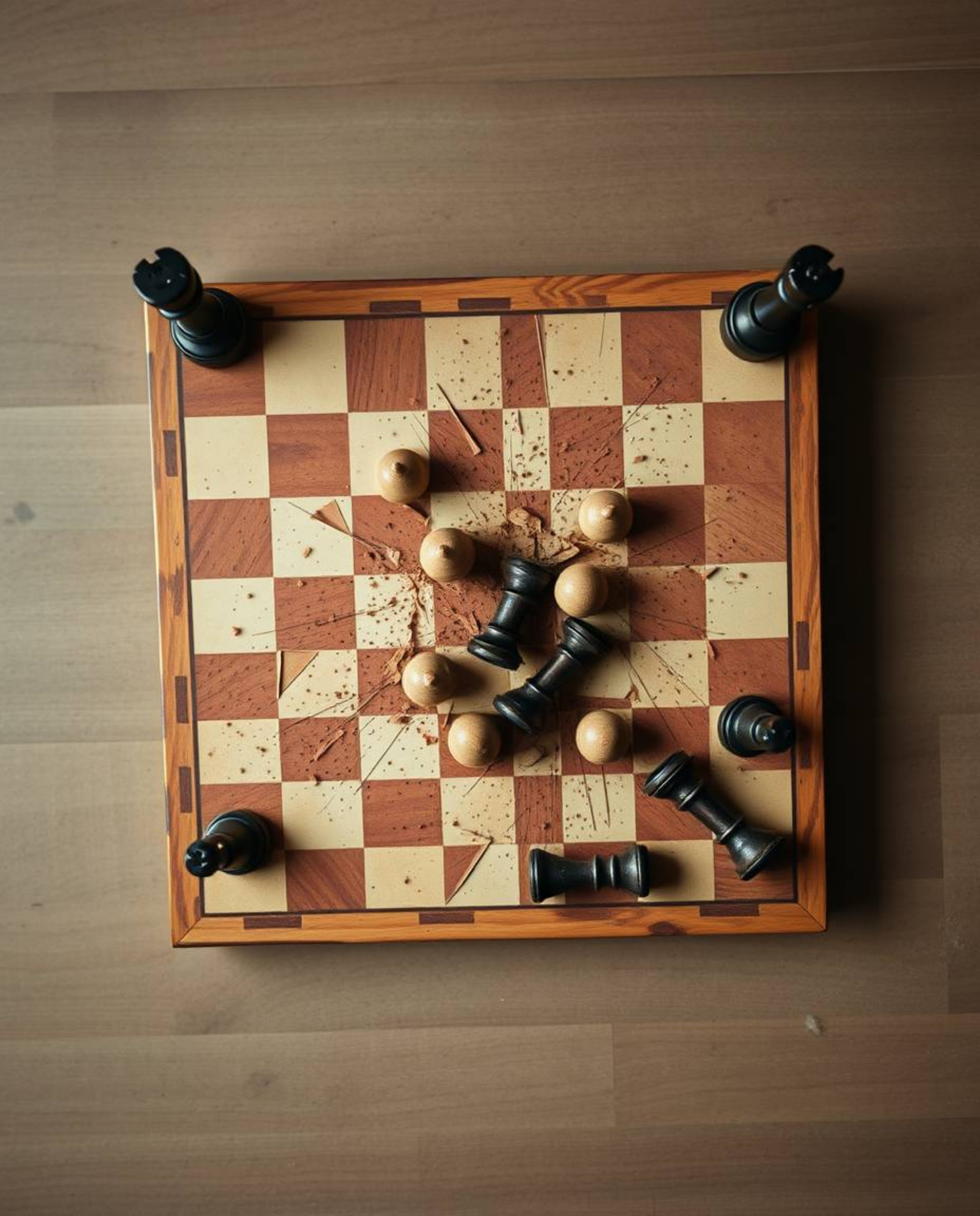 An overhead bird's-eye view photograph captures a chessboard in a state of chaotic, frozen destruction. The image features na