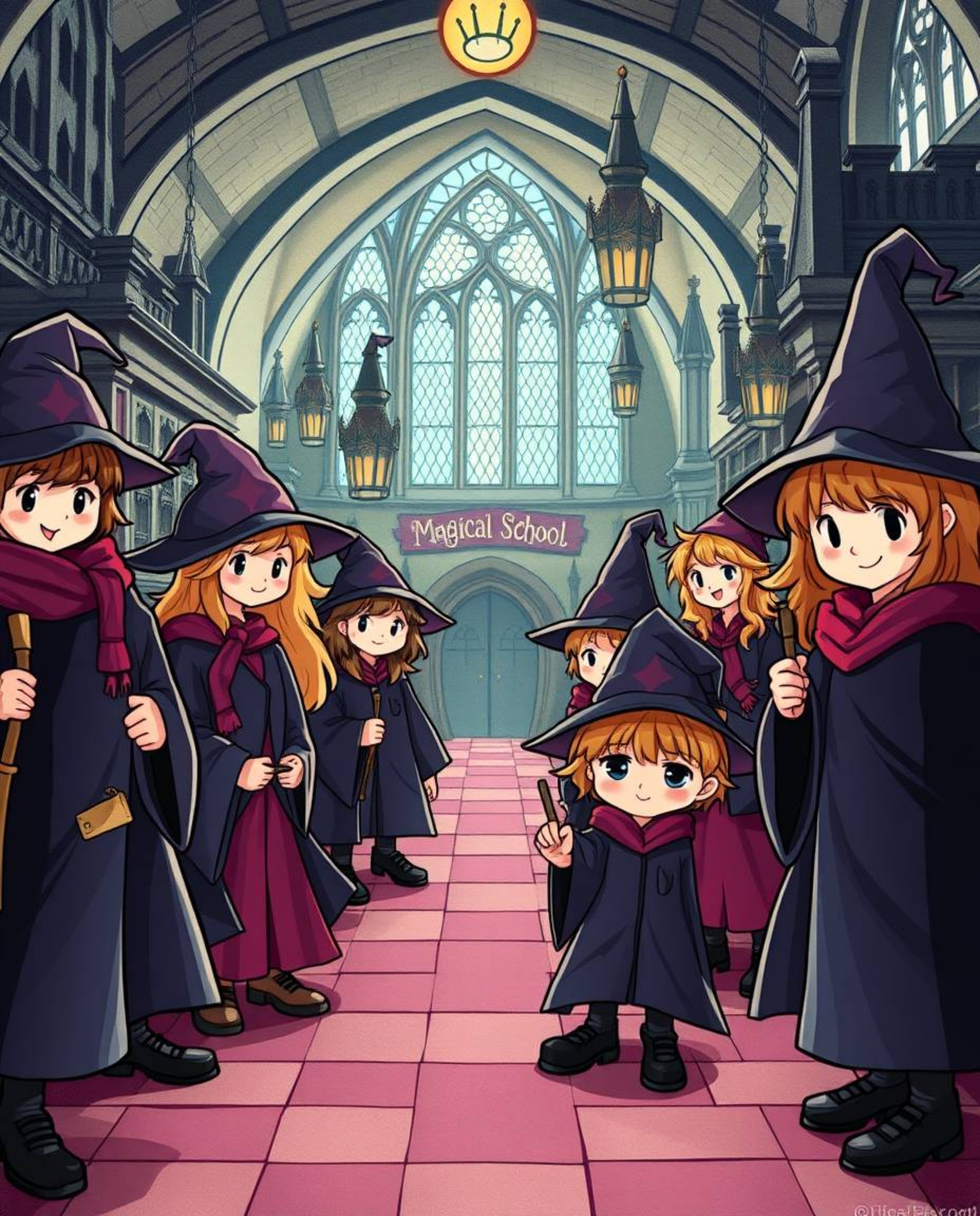 Discover a charming magical school brimming with adorable young wizards! This captivating illustration features a distinct sp