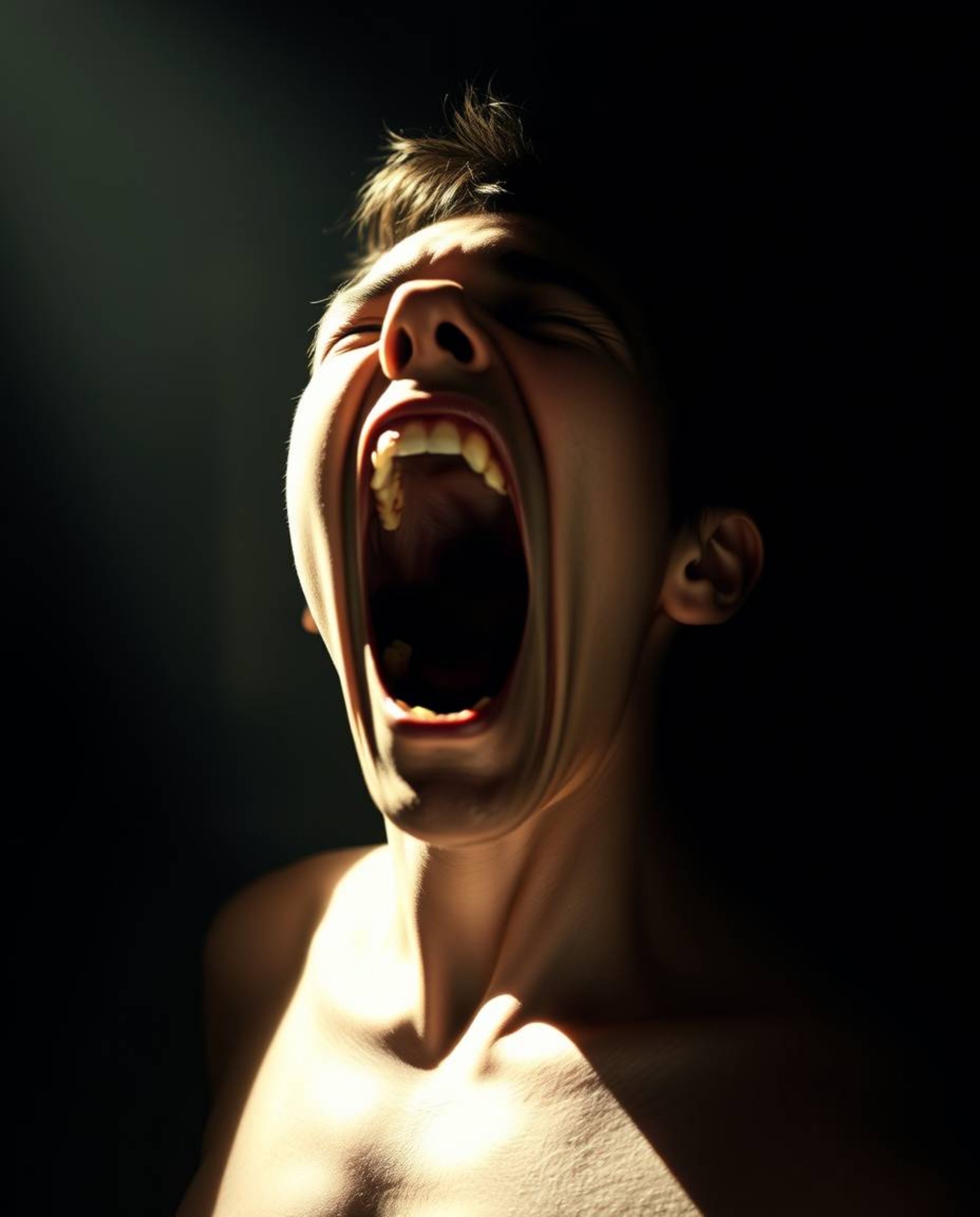 This high-resolution stock photo captures a person in the throes of a primal scream, their body taut with tension as the worl