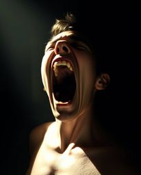 This high-resolution stock photo captures a person in the throes of a primal scream, their body taut with tension as the worl