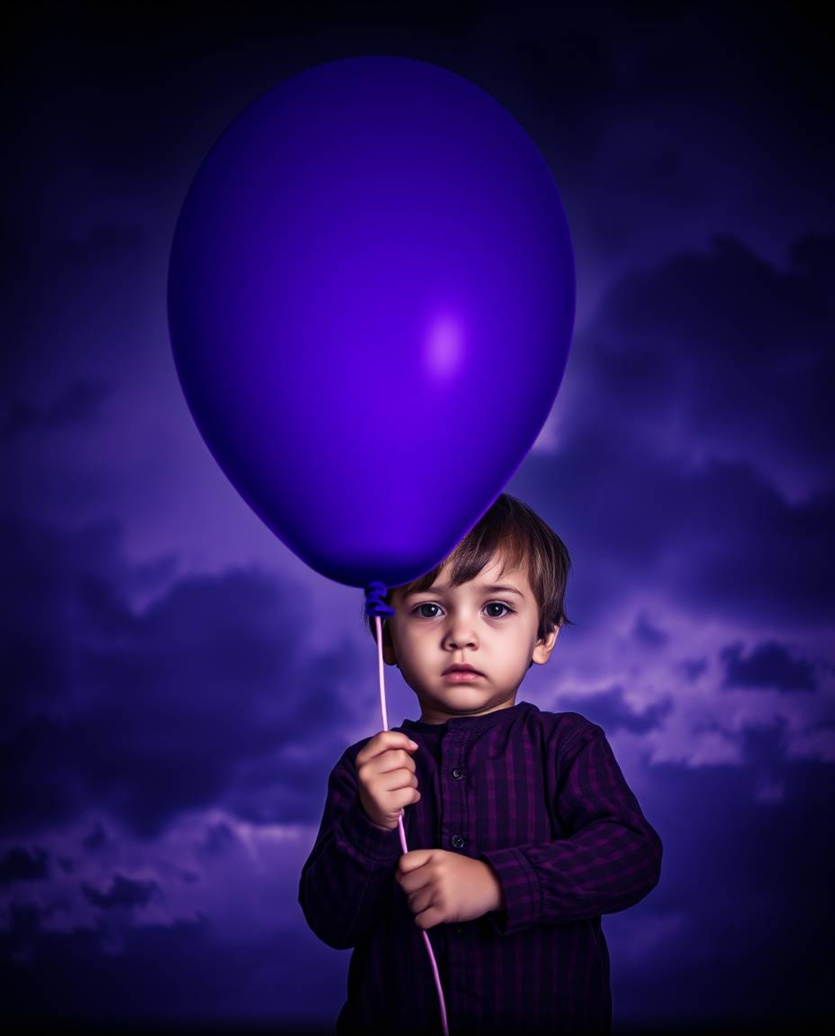 Experience a dramatic cinematic scene with deep ultraviolet hues, featuring a child with a determined expression holding a de