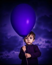 Experience a dramatic cinematic scene with deep ultraviolet hues, featuring a child with a determined expression holding a de