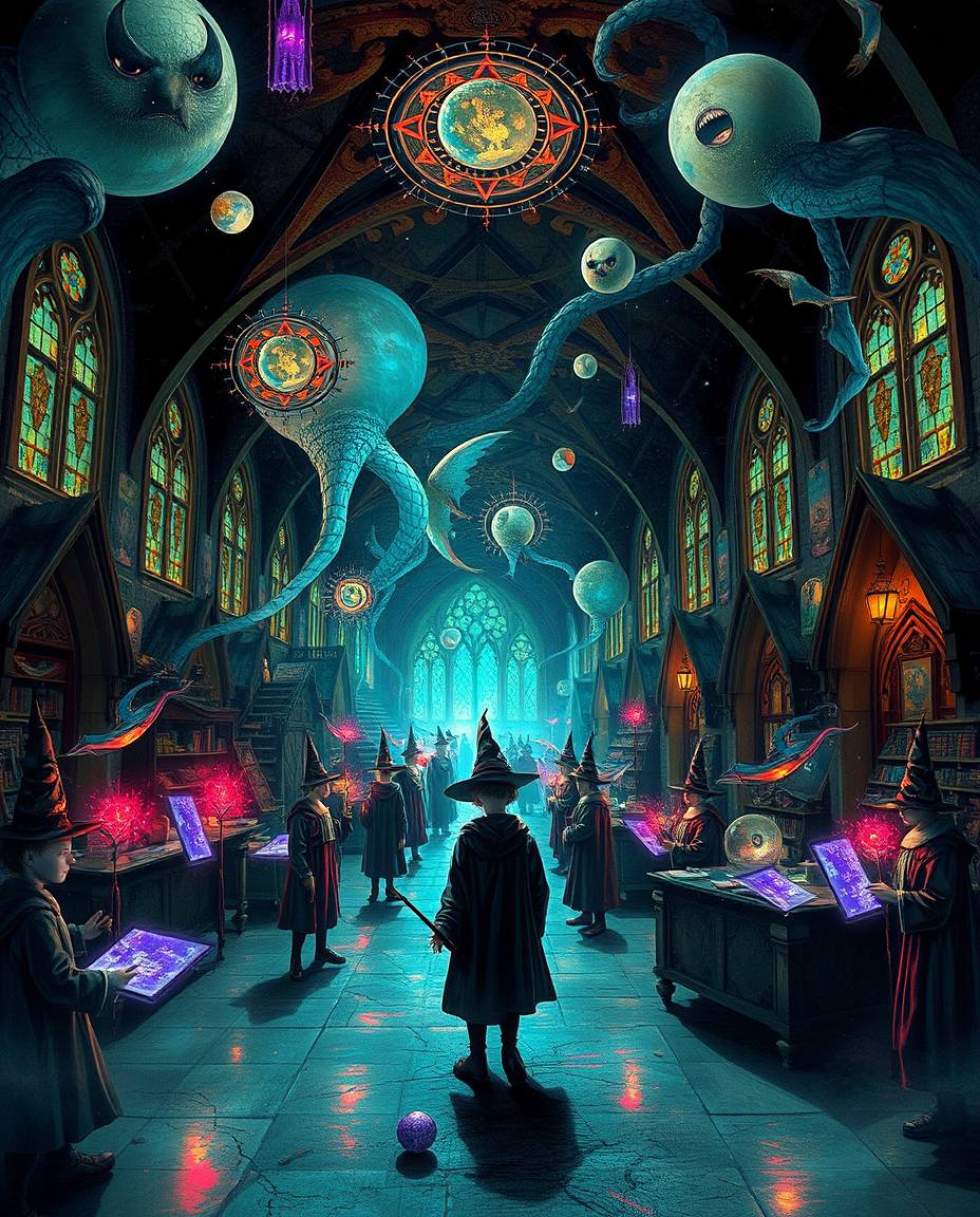 Discover breathtaking surreal and dreamlike artwork depicting a magical school brimming with young wizards.  Immerse yourself