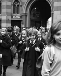 This collection captures the spontaneous moments of young wizards at a magical school, blending classic black and white stree