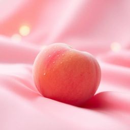 This low-angle close-up ASMR image features a soft, blushing pink peach resting on silky pastel pink fabric.  The peach exhib