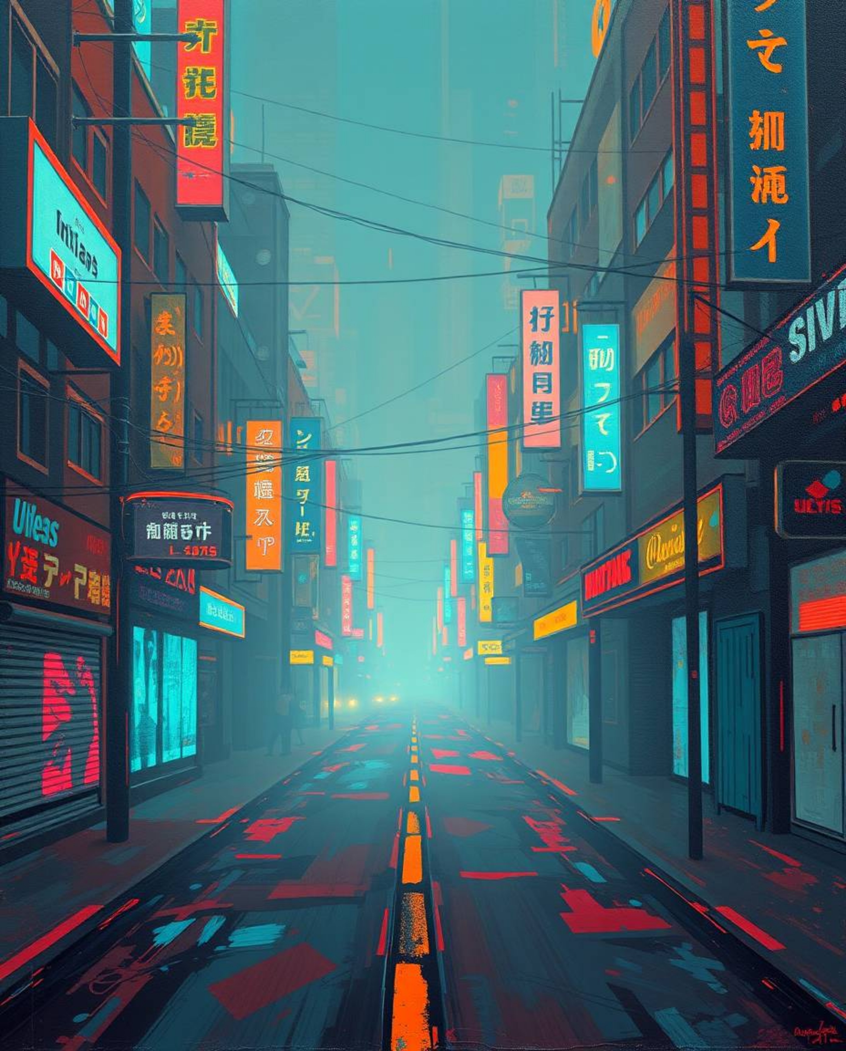 A classic oil painting style renders a pixelated glitch cyberpunk street scene bathed in neon haze.  The artwork features a c