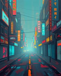 A classic oil painting style renders a pixelated glitch cyberpunk street scene bathed in neon haze.  The artwork features a c
