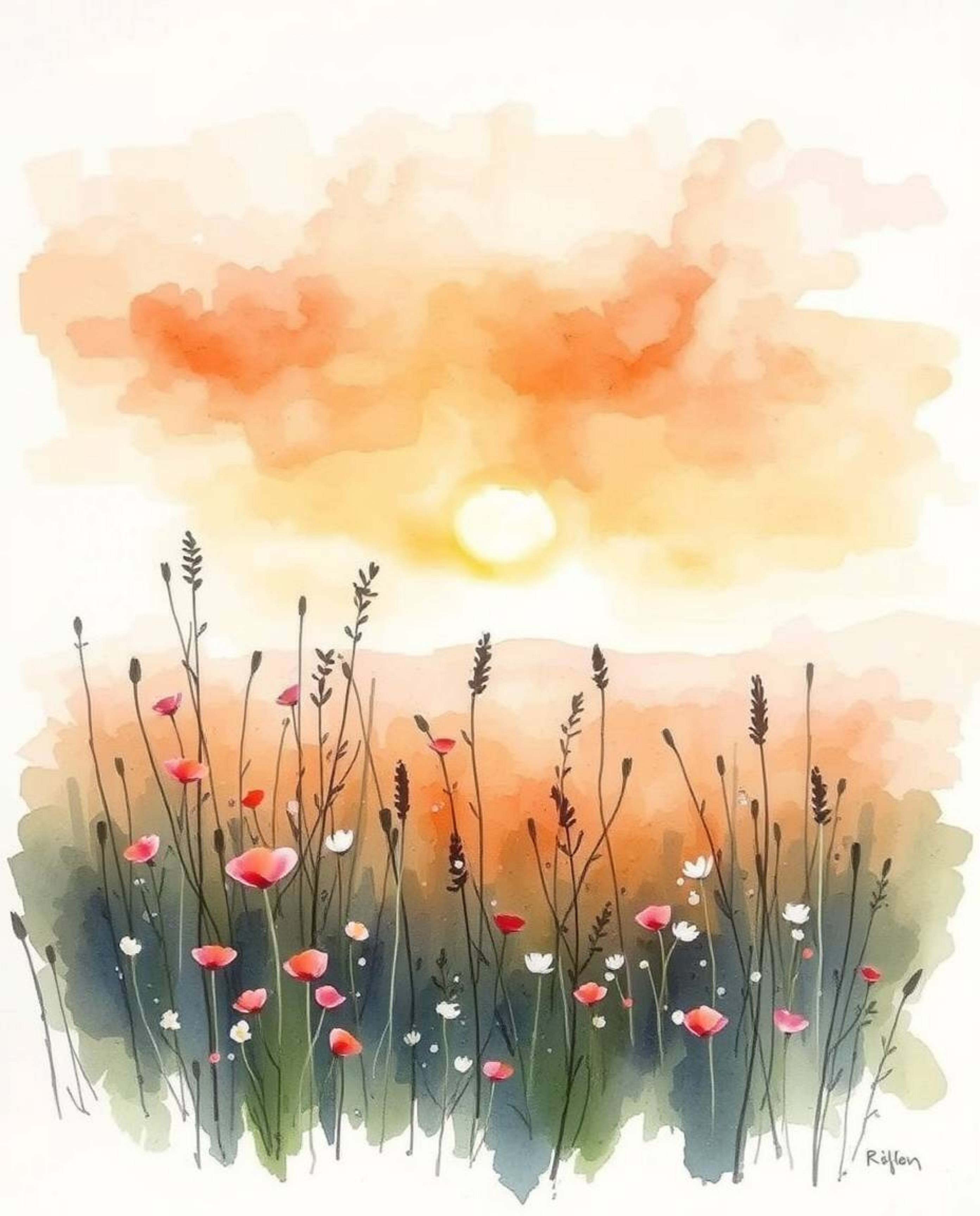 A delicate watercolor painting of a sunset over a spring wildflower meadow, rendered in a strong, moody style. The artwork fe