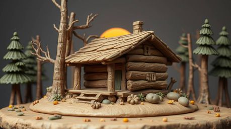This sculptural clay artwork captures the essence of an old wooden cabin nestled deep within the woods during a breathtaking 
