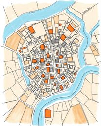 A captivating hand-drawn sketchnote depicts an abstract city map viewed from above.  The design features geometric shapes in 