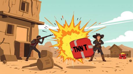 A classic exploding TNT gag set in the wild west, captured in a tight close-up shot using a modern flat design style. The ill