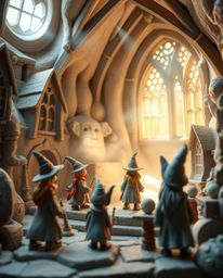 Immerse yourself in a world of sculptural clay art, depicting a magical school teeming with young wizards. Experience a soft 