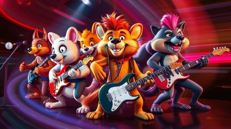 Witness a captivating spectacle of a cartoon animal rock band performing live! This image, captured using long exposure photo