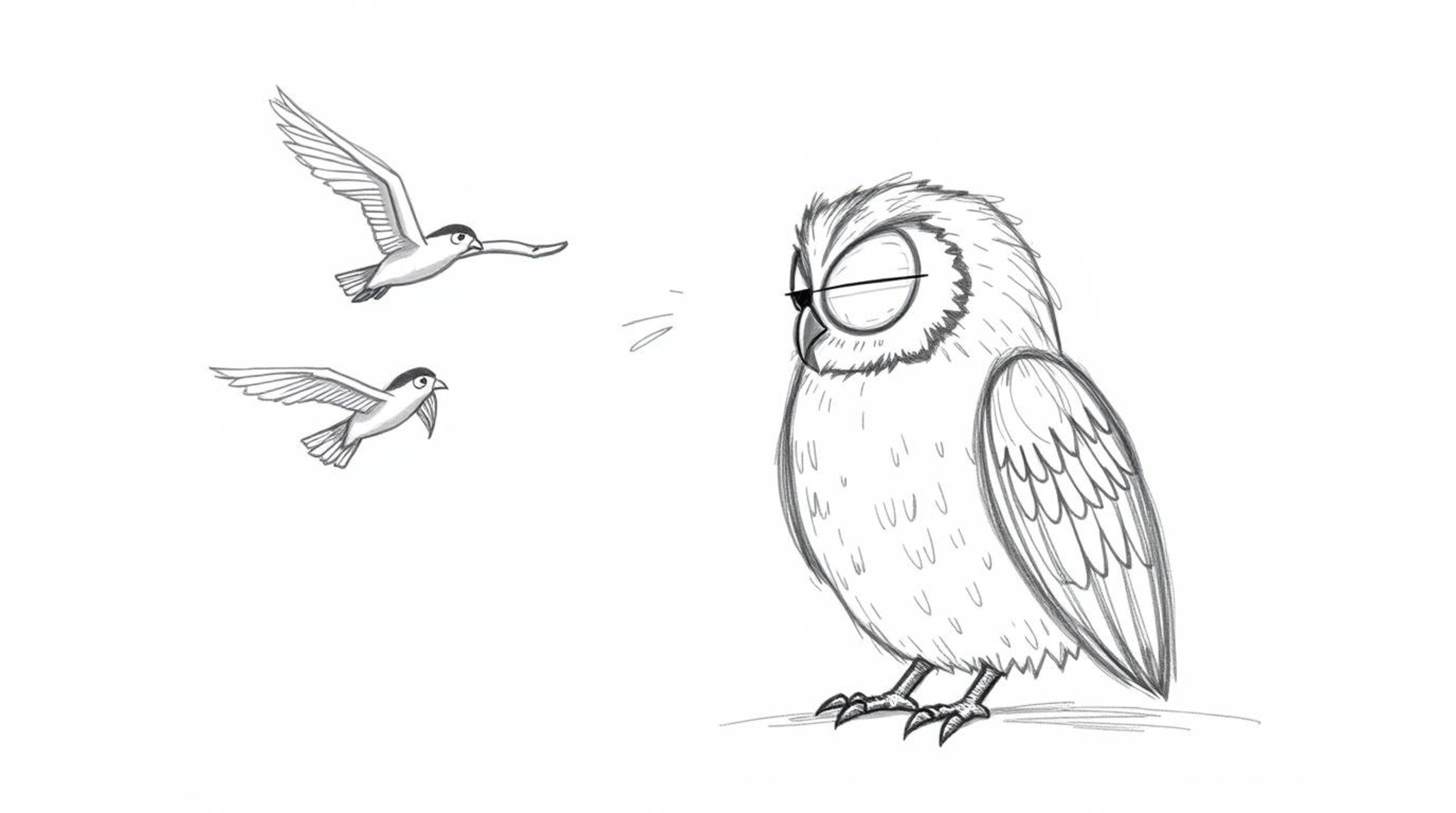 A heartwarming, hand-drawn illustration in the style of Pixar depicts a blind owl with distinct pencil strokes, dedicatedly t